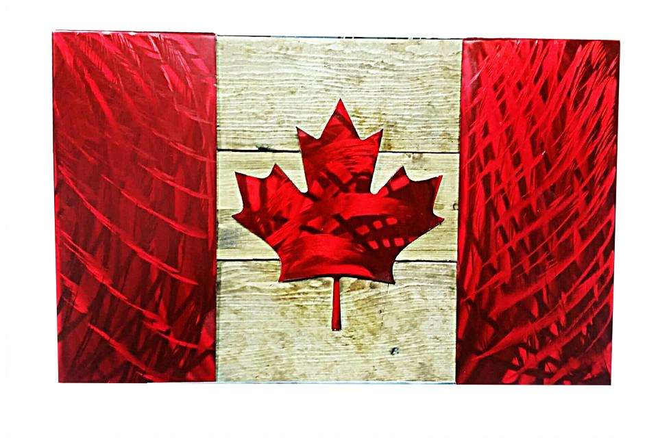 Image of Plasma Cut Steel Canadian Flag in Red Candy Coating on an Aged Wood Backing. 